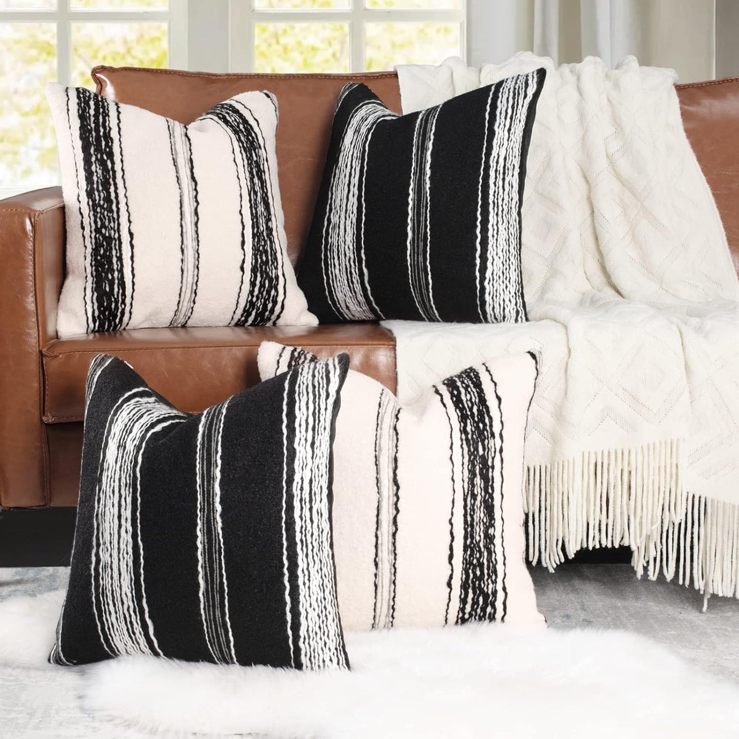 AELS 18x18 Decorative Soft Plush Throw Pillow Covers, Farmhouse Faux Fur Pillow Case, Set of 2, Beige with Black White Gray Stitch Yarn Dyed Stripe Cushion Cover for Sofa Couch Living Room, Cover ONLY