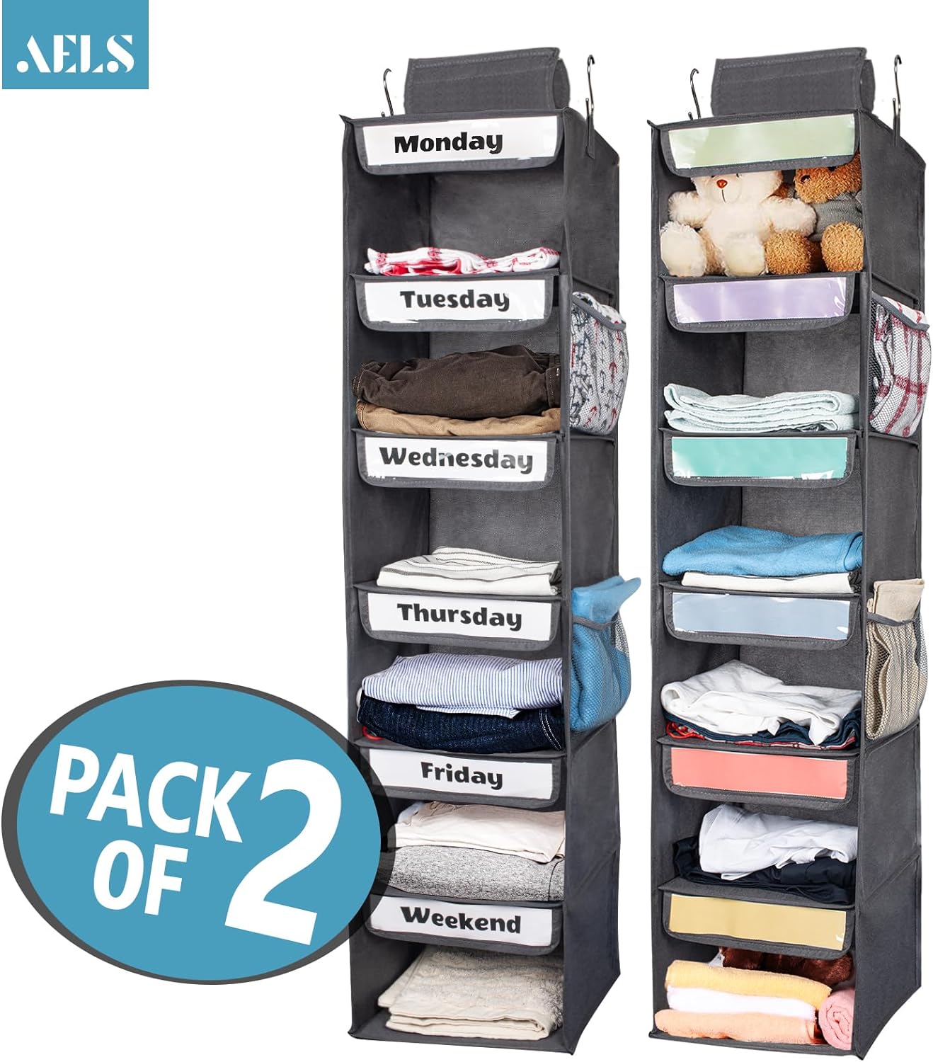 AELS 6-Shelf Weekly Clothes Organizer Set of 2, Hanging Closet Organizer for Kids & Adults, Monday Through Friday with Visual Label, Prepare & Organize Clothing, Shoes & After School Activities