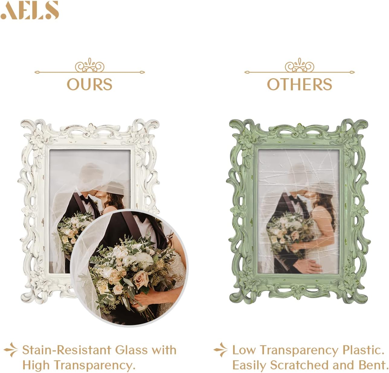 AELS Vintage Picture Frame, Elegant Antique Photo Frames with Glass Front, Photo Display, Tabletop Wall Hanging, Gift Ideas, White Waves (4X6 inch)