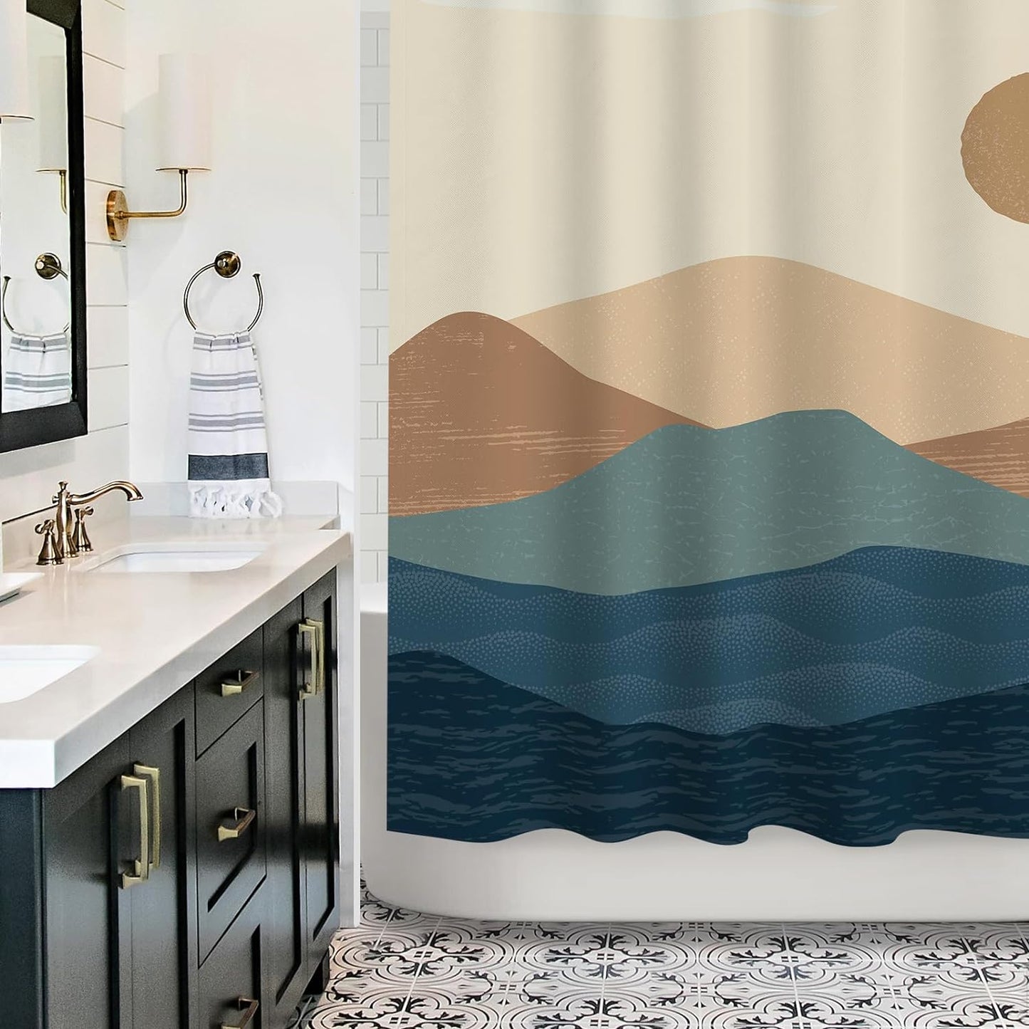 AELS Boho Shower Curtain, Modern Mid Century Curtains with 12 Hooks, Abstract Minimalist Fabric Beige Shower Curtain Set for Bathroom Decor Bohemian Home Decor
