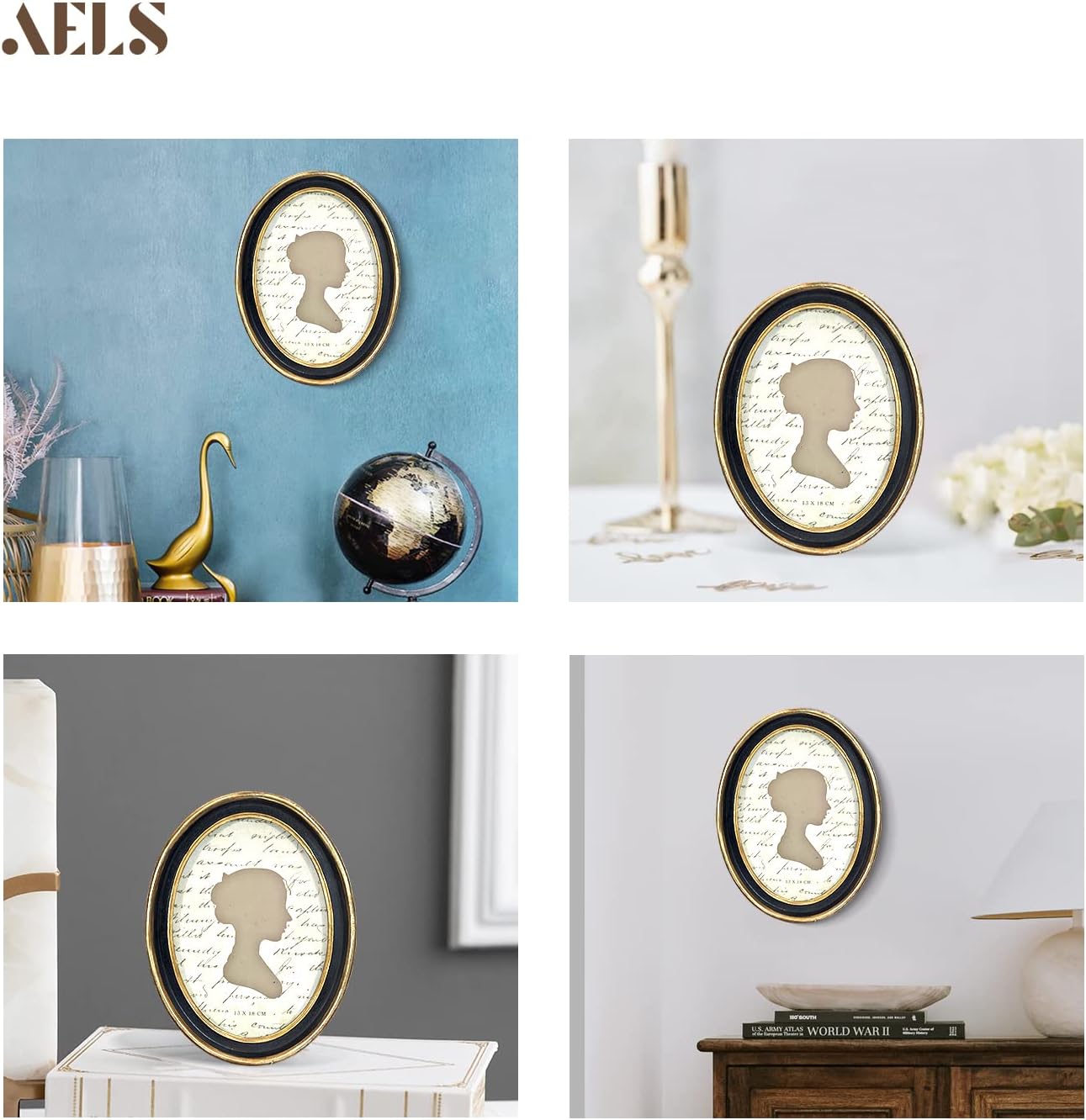 AELS 4x4 Inch Vintage Picture Frame, Elegant Antique Photo Frames with Glass Front, Photo Display, Tabletop Wall Hanging, Gift Ideas, Black Round with Gold Trim