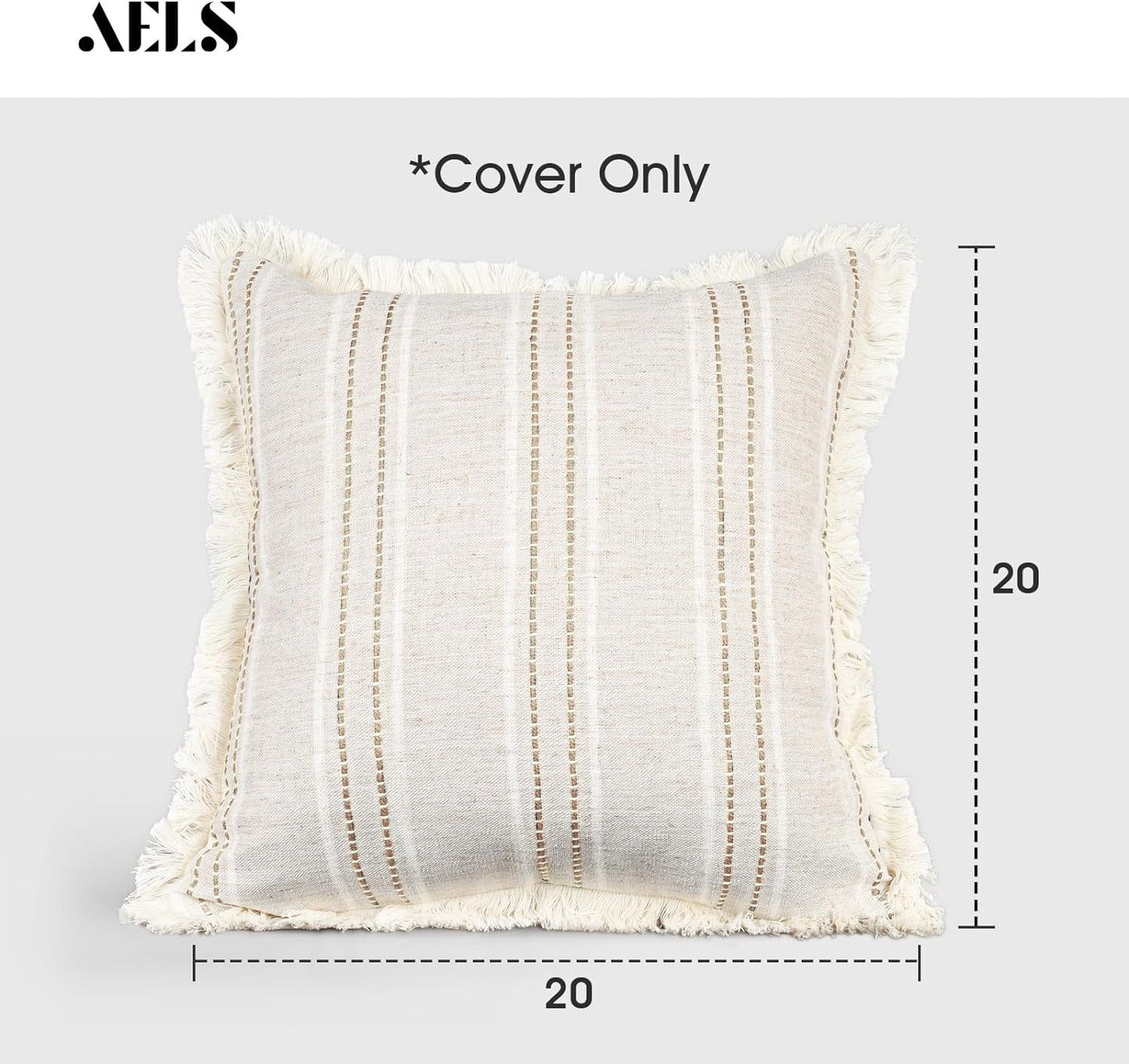 AELS 18x18 Decorative Farmhouse Linen Throw Pillow Covers with Fringe,Boho Textured Pillow Case,Set of 2,Beige with White & Navy Blue Stitch Yarn Dyed Stripe Cushion Cover for Sofa Couch (Cover ONLY)