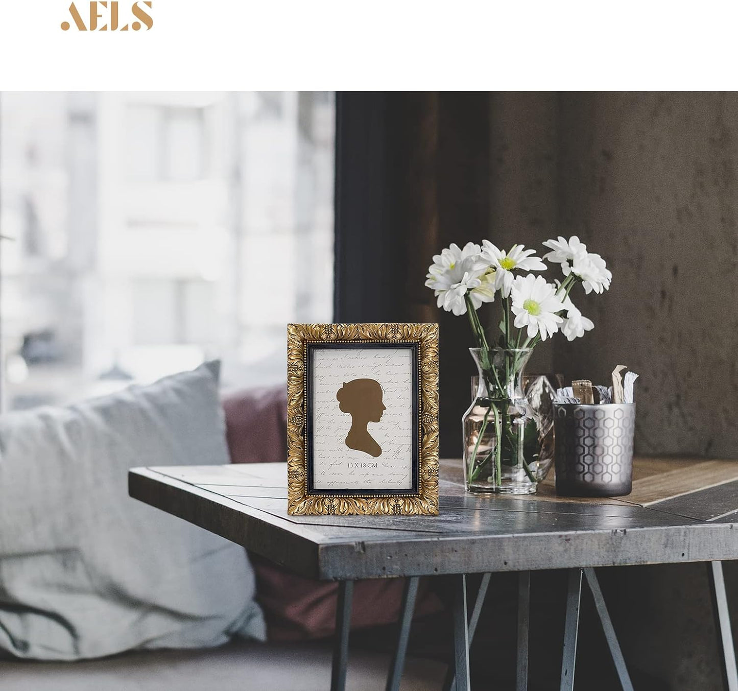AELS 5x7 Inch Vintage Picture Frame, Elegant Antique Photo Frames with Glass Front, Photo Display, Tabletop Wall Hanging, Gift Ideas, Gold and Black, Flowers with Gold Beads