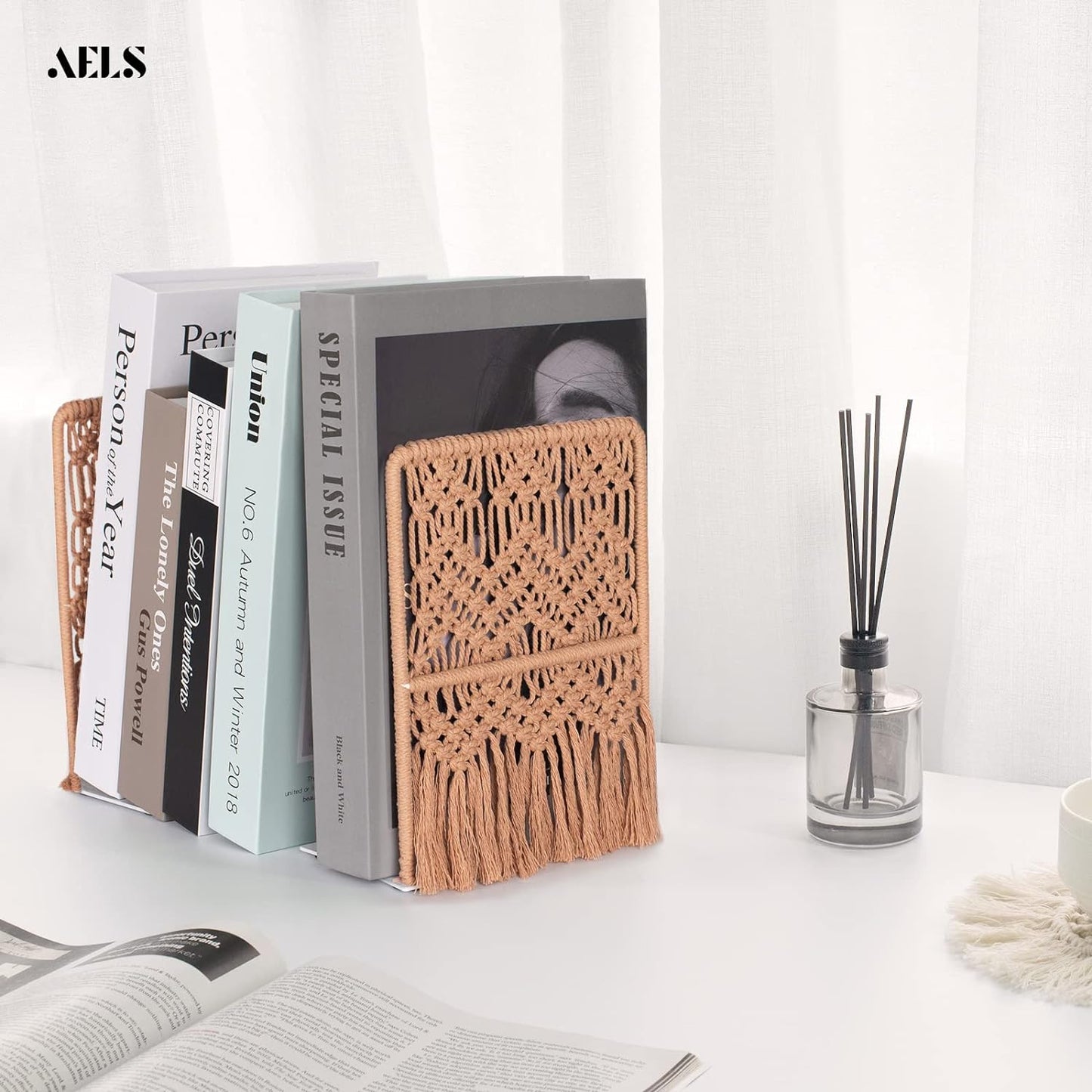 AELS Boho Macrame Bookends, Heavy Duty Metal Book Ends, Decorative Unique Bookend Supports for Shelves, Stopper for Books/Movies/CD, Farmhouse Decoration,Thanksgiving for Friends