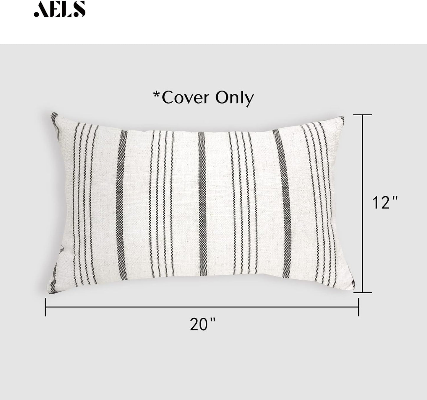 AELS 12x20 Decorative Farmhouse Throw Pillow Covers, Modern Rectangle Lumbar Pillow Case, Set of 2 Off White with Charcoal Stripes Textured Linen Cushion Cover for Sofa Couch Living Room (Cover ONLY)