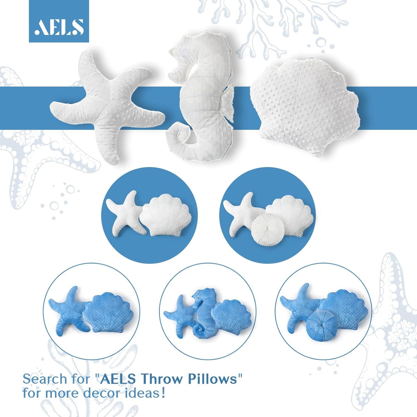 AELS Coastal Throw Pillows Set of 2, Starfish Shell Pillows, Beach Ocean Nautical Themed Smooth Soft Minky Decorative Throw Pillows, Cute Pillow for Couch Sofa Bed Living Room Bedroom Nursery, White