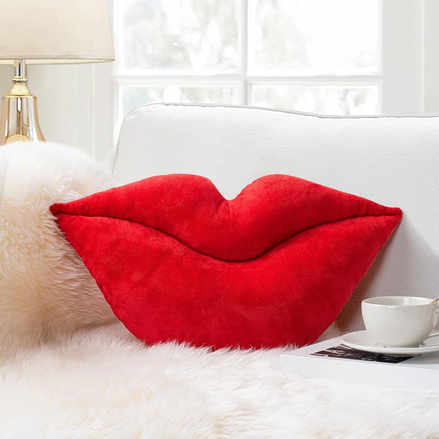 AELS 3D Large Lips Throw Pillows Smooth Soft Velvet Decorative Throw Pillows Love Pillows Cute Pillow 24 X 12 inches for Couch Sofa Bed Living Room Bedroom, Red