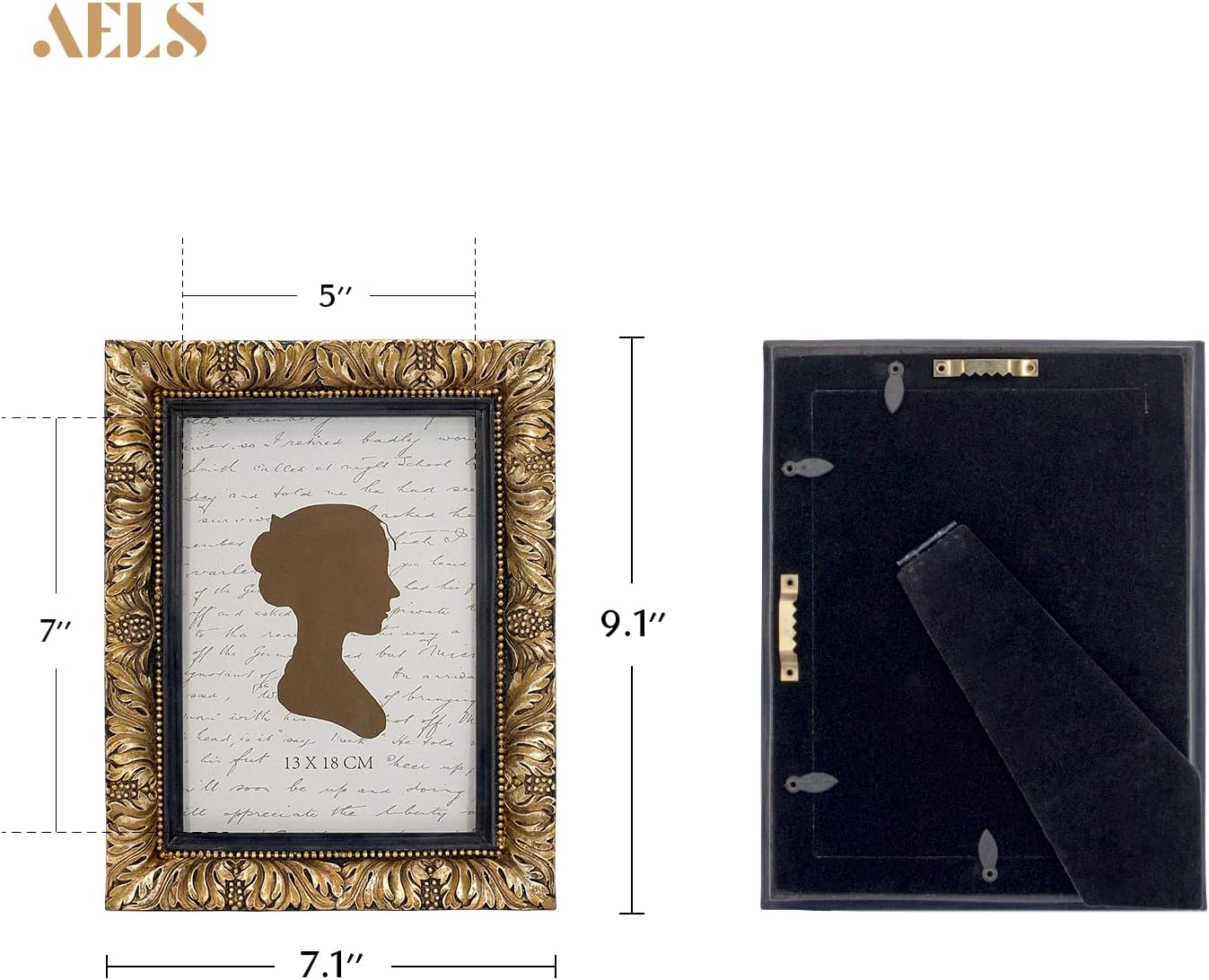 AELS 5x7 Inch Vintage Picture Frame, Elegant Antique Photo Frames with Glass Front, Photo Display, Tabletop Wall Hanging, Gift Ideas, Gold and Black, Flowers with Gold Beads