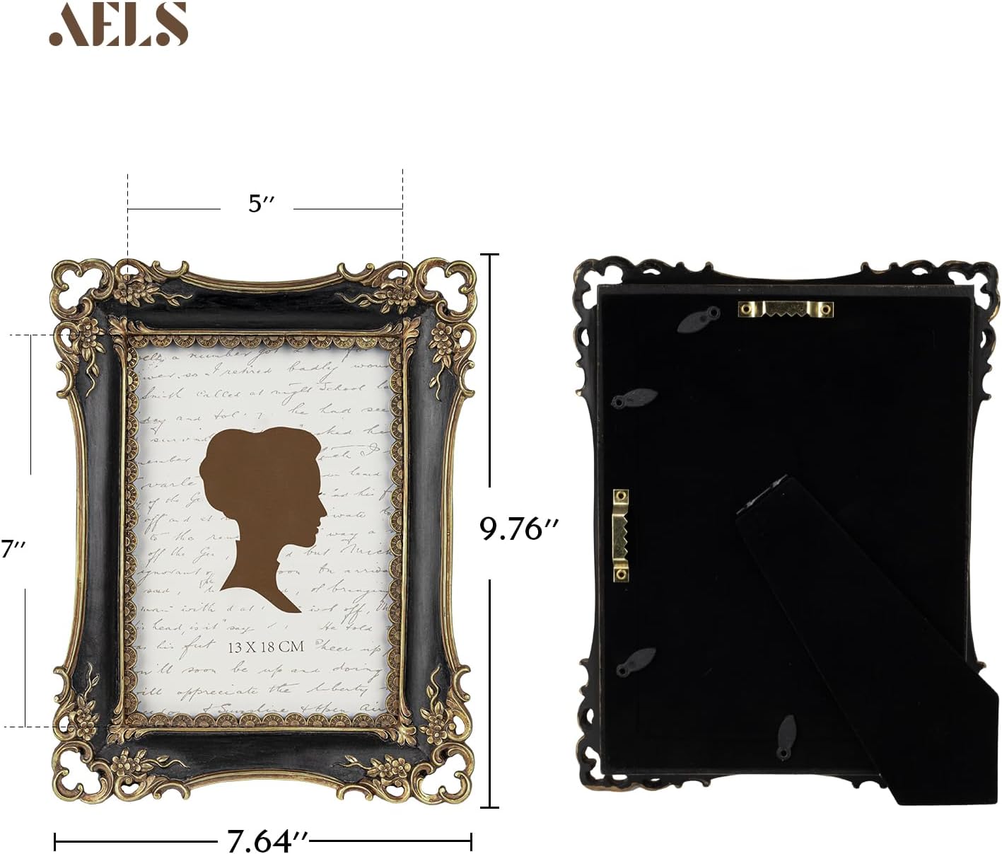 AELS 5x7 Inch Vintage Picture Frame, Elegant Antique Photo Frames with Glass Front, Photo Display, Tabletop Wall Hanging, Gift Ideas, Gold and Black