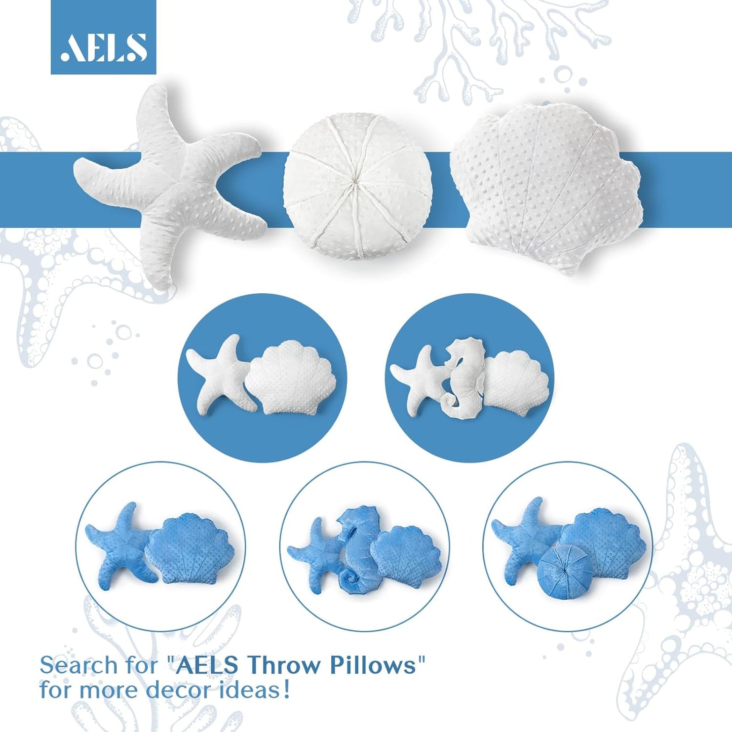 AELS Coastal Throw Pillows Set of 2, Starfish Shell Pillows, Beach Ocean Nautical Themed Smooth Soft Minky Decorative Throw Pillows, Cute Pillow for Couch Sofa Bed Living Room Bedroom Nursery, White