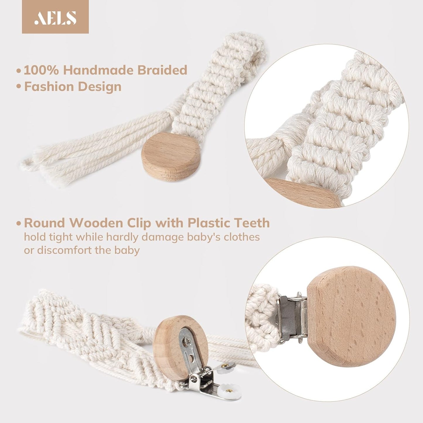 AELS 11.8" Macrame Baby Pacifier Clip, Set of 5, Natural Pacifier Holder Teething Clips for Boys Girls Infant Baby, Boho Style Handmade Cotton Rope