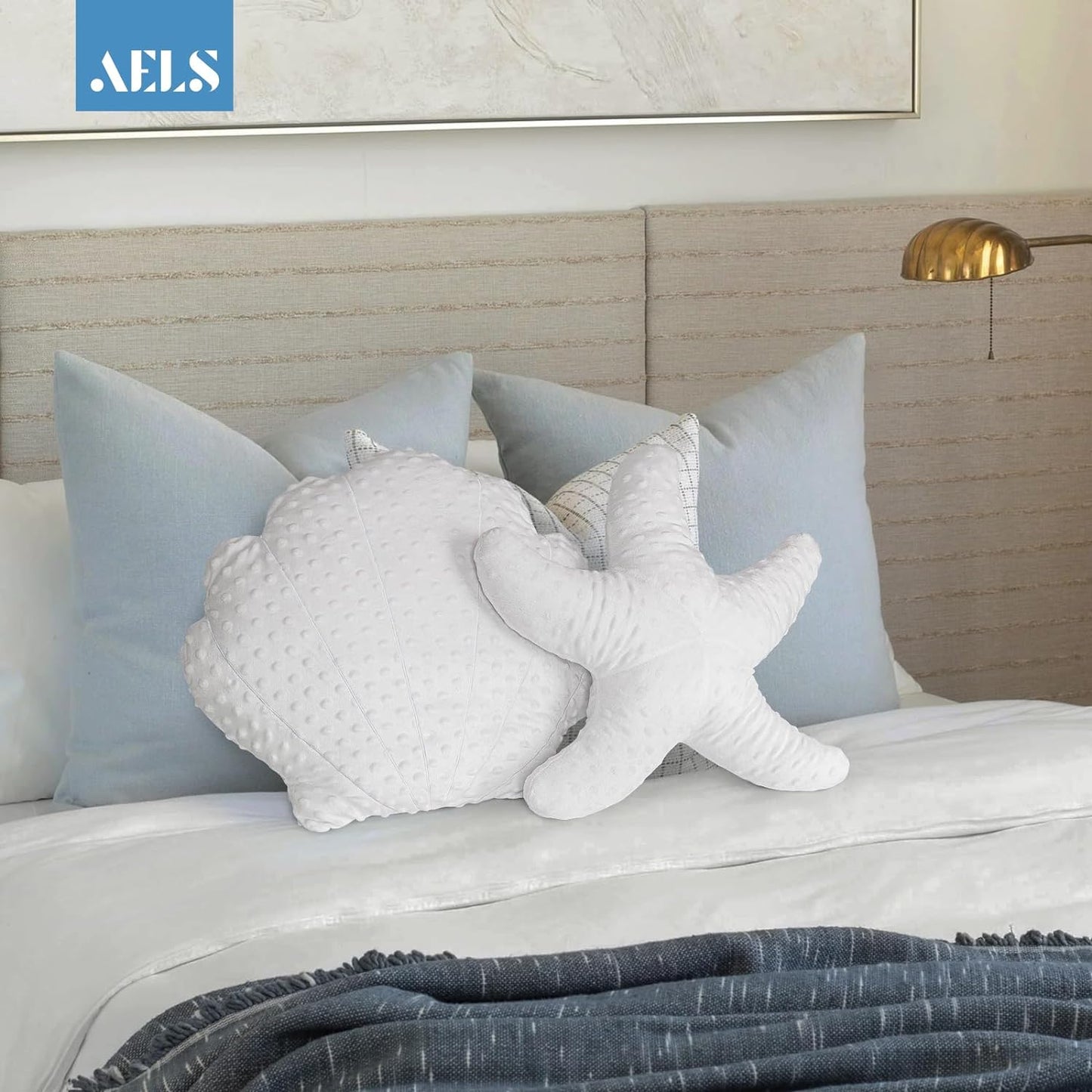 AELS Coastal Throw Pillows Set of 2, Starfish Shell Pillows, Beach Ocean Nautical Themed Smooth Soft Minky Decorative Throw Pillows, Cute Pillow for Couch Sofa Bed Living Room Bedroom Nursery, White