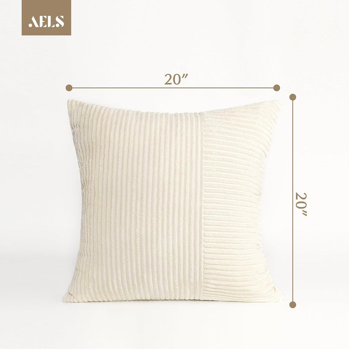 AELS 18x18 Soft Corduroy Striped Throw Pillow Covers, Decorative Square Pillow Case, Set of 2, Modern Farmhouse Cushion Cover for Sofa Couch Living Room, White (Cover ONLY)