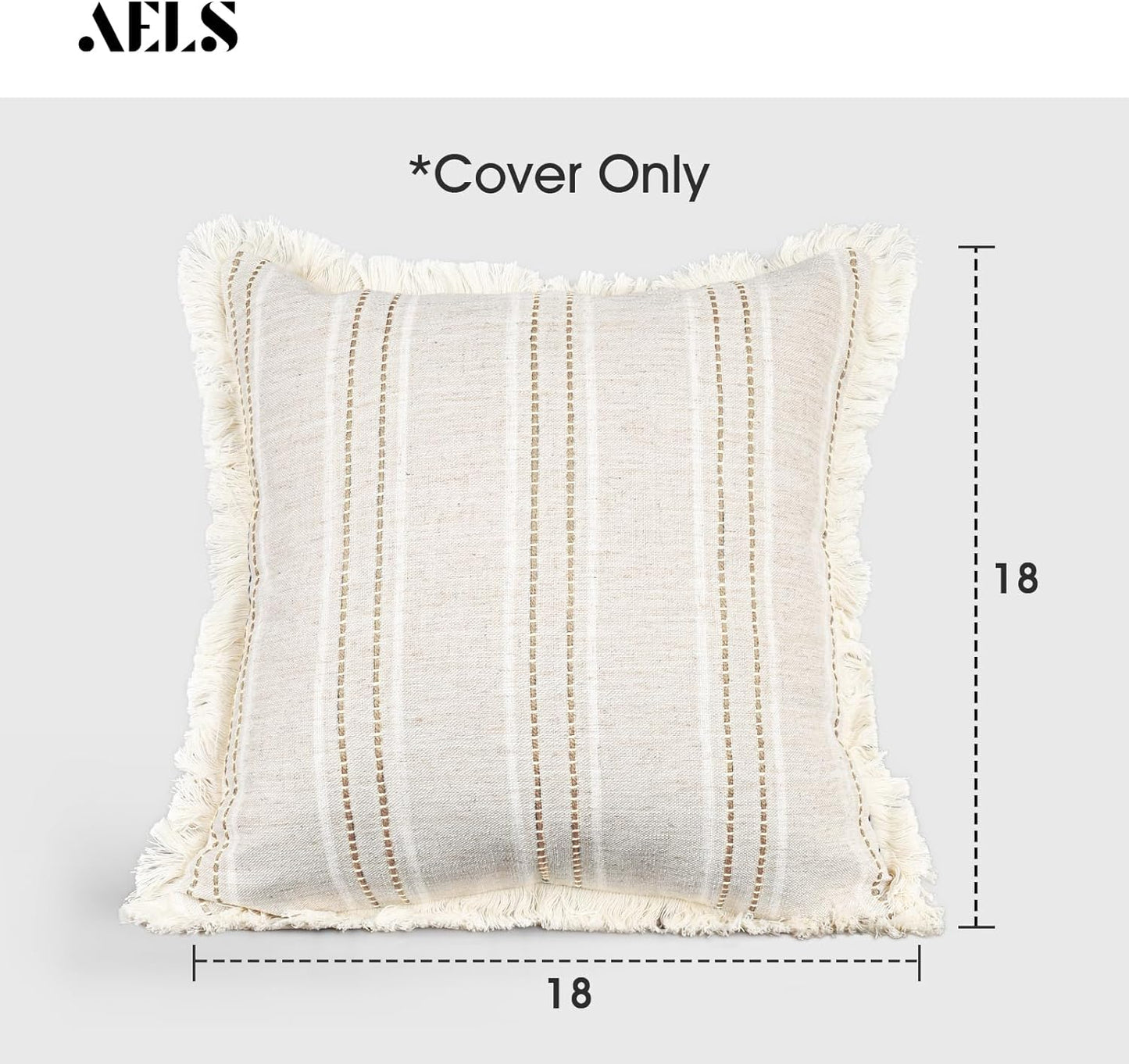 AELS 18x18 Decorative Farmhouse Linen Throw Pillow Covers with Fringe, Boho Textured Pillow Case, Set of 2, Beige with White & Brown Stitch Yarn Dyed Stripe Cushion Cover for Sofa Couch (Cover ONLY)