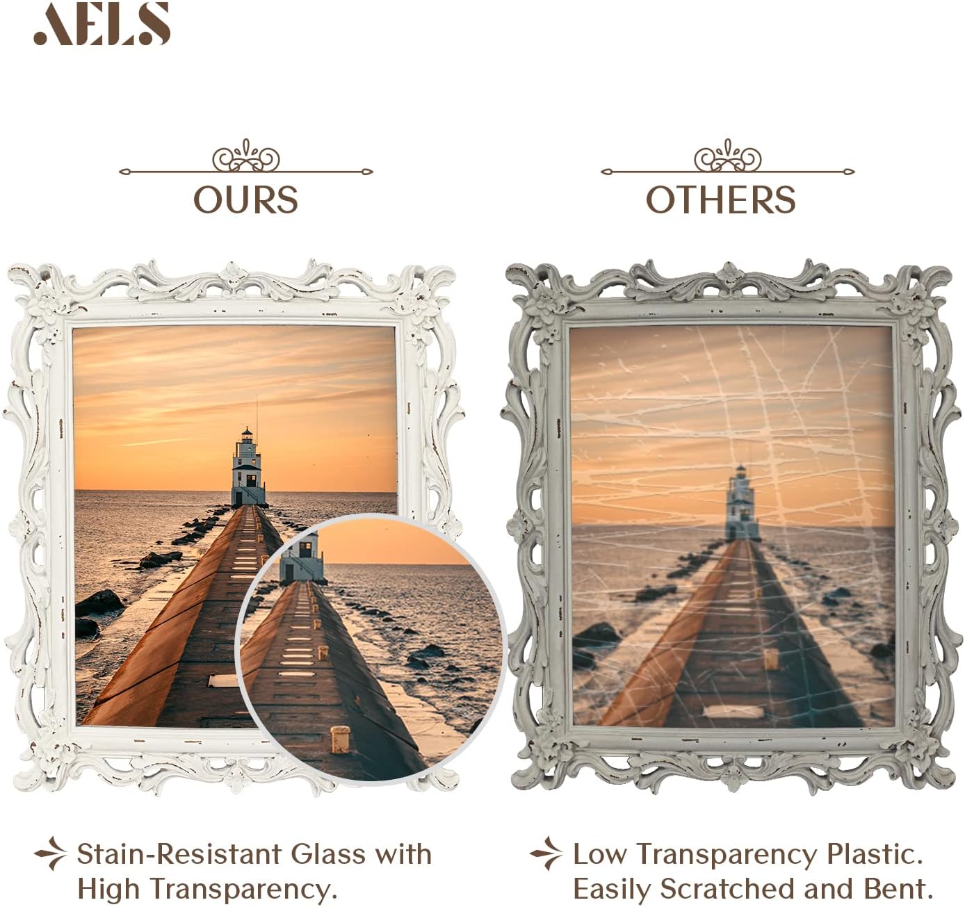 AELS Vintage Picture Frame, Elegant Antique Photo Frames with Glass Front, Photo Display, Tabletop Wall Hanging, Gift Ideas, White Waves (4X6 inch)