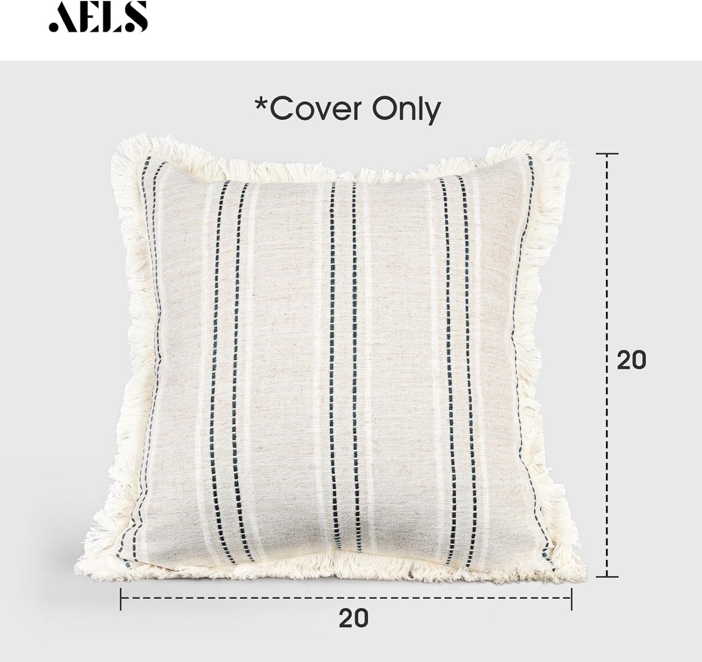 AELS 18x18 Decorative Farmhouse Linen Throw Pillow Covers with Fringe,Boho Textured Pillow Case,Set of 2,Beige with White & Navy Blue Stitch Yarn Dyed Stripe Cushion Cover for Sofa Couch (Cover ONLY)