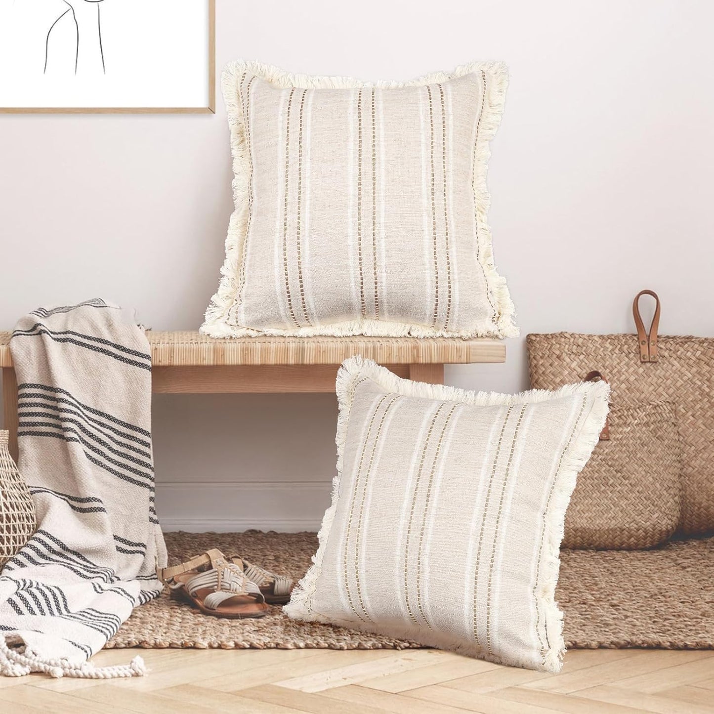 AELS 18x18 Decorative Farmhouse Linen Throw Pillow Covers with Fringe, Boho Textured Pillow Case, Set of 2, Beige with White & Brown Stitch Yarn Dyed Stripe Cushion Cover for Sofa Couch (Cover ONLY)