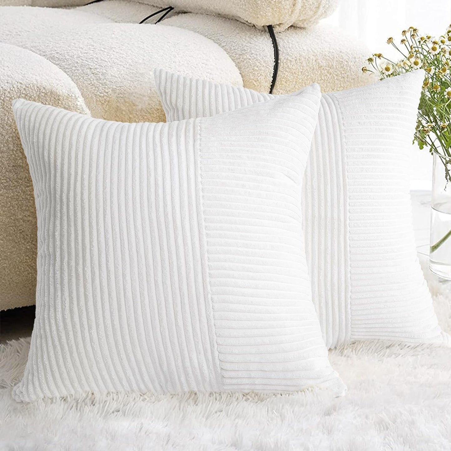 AELS 18x18 Soft Corduroy Striped Throw Pillow Covers, Decorative Square Pillow Case, Set of 2, Modern Farmhouse Cushion Cover for Sofa Couch Living Room, White (Cover ONLY)