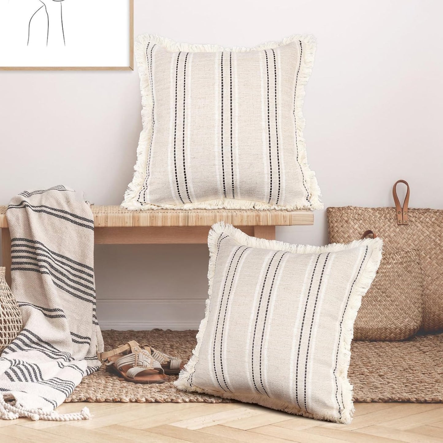 AELS 18x18 Decorative Farmhouse Linen Throw Pillow Covers with Fringe,Boho Textured Pillow Case,Set of 2,Beige with White & Navy Blue Stitch Yarn Dyed Stripe Cushion Cover for Sofa Couch (Cover ONLY)