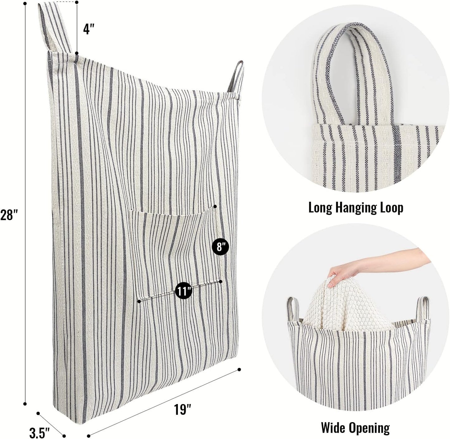 AELS Farmhouse Hanging Laundry Hamper with 2 Hooks, Washable Beige & Stripes Linen Laundry Bag with Zipper & Wide Open Top, Over the Door Organizer for Dirty Clothes, Space Saving Storage