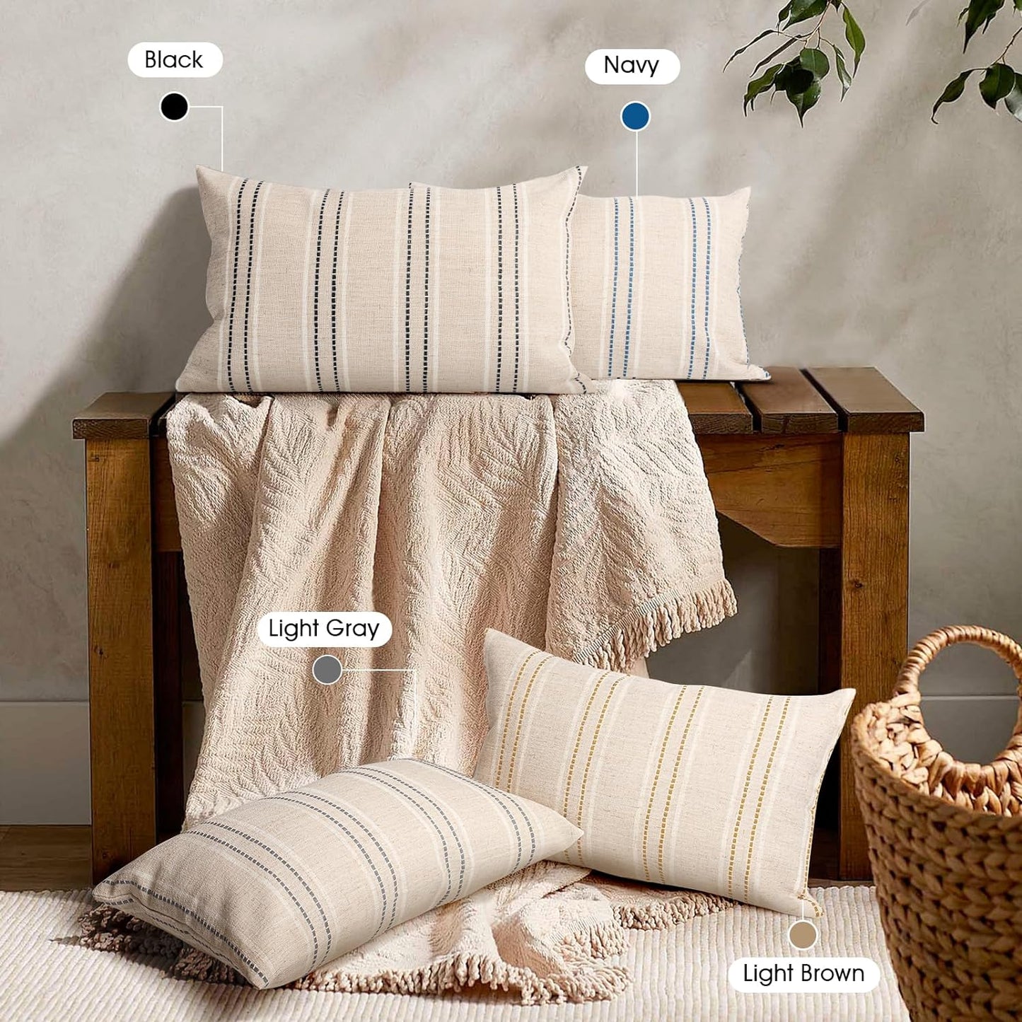 AELS 18x18 Decorative Farmhouse Linen Throw Pillow Covers, Boho Textured Pillow Case, Set of 2, Beige with White & Brown Stitch Yarn Dyed Stripe Cushion Cover for Sofa Couch Living Room (Cover ONLY)