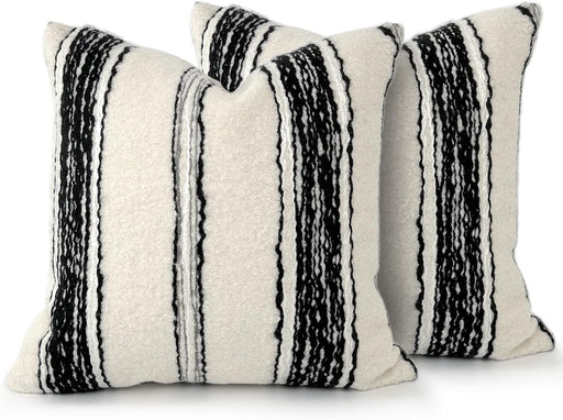 AELS 18x18 Decorative Soft Plush Throw Pillow Covers, Farmhouse Faux Fur Pillow Case, Set of 2, Beige with Black White Gray Stitch Yarn Dyed Stripe Cushion Cover for Sofa Couch Living Room, Cover ONLY