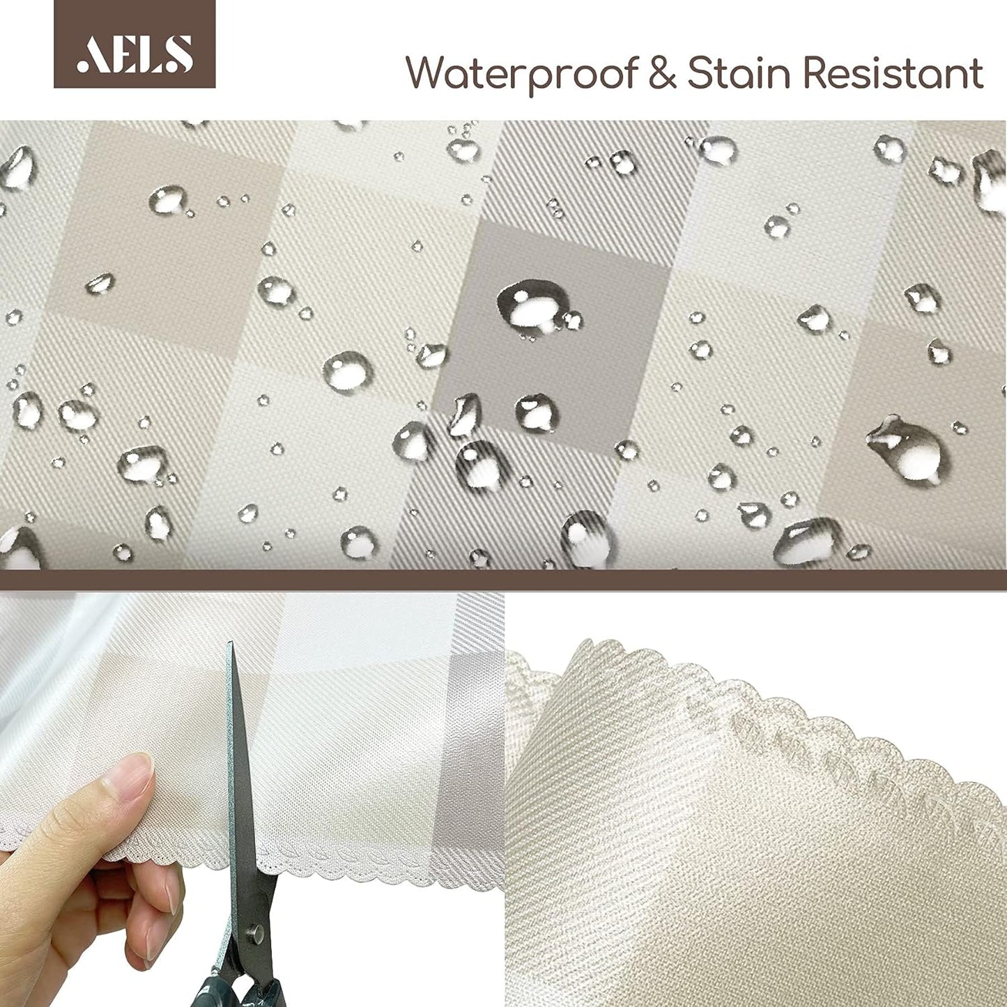 AELS 60"Round Tablecloth, Vinyl Coated Fabric Waterproof Oil-Proof Stain Resistant Washable Printed Indoor Table Cover, Decorative Table Cloths for Dining Tables, Kitchen and Parties, Light Brown Grid