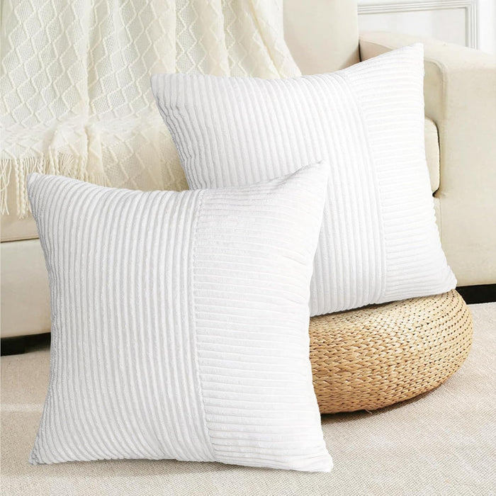 AELS 18x18 Soft Corduroy Striped Throw Pillow Covers, Decorative Square Pillow Case, Set of 2, Modern Farmhouse Cushion Cover for Sofa Couch Living Room, White (Cover ONLY)