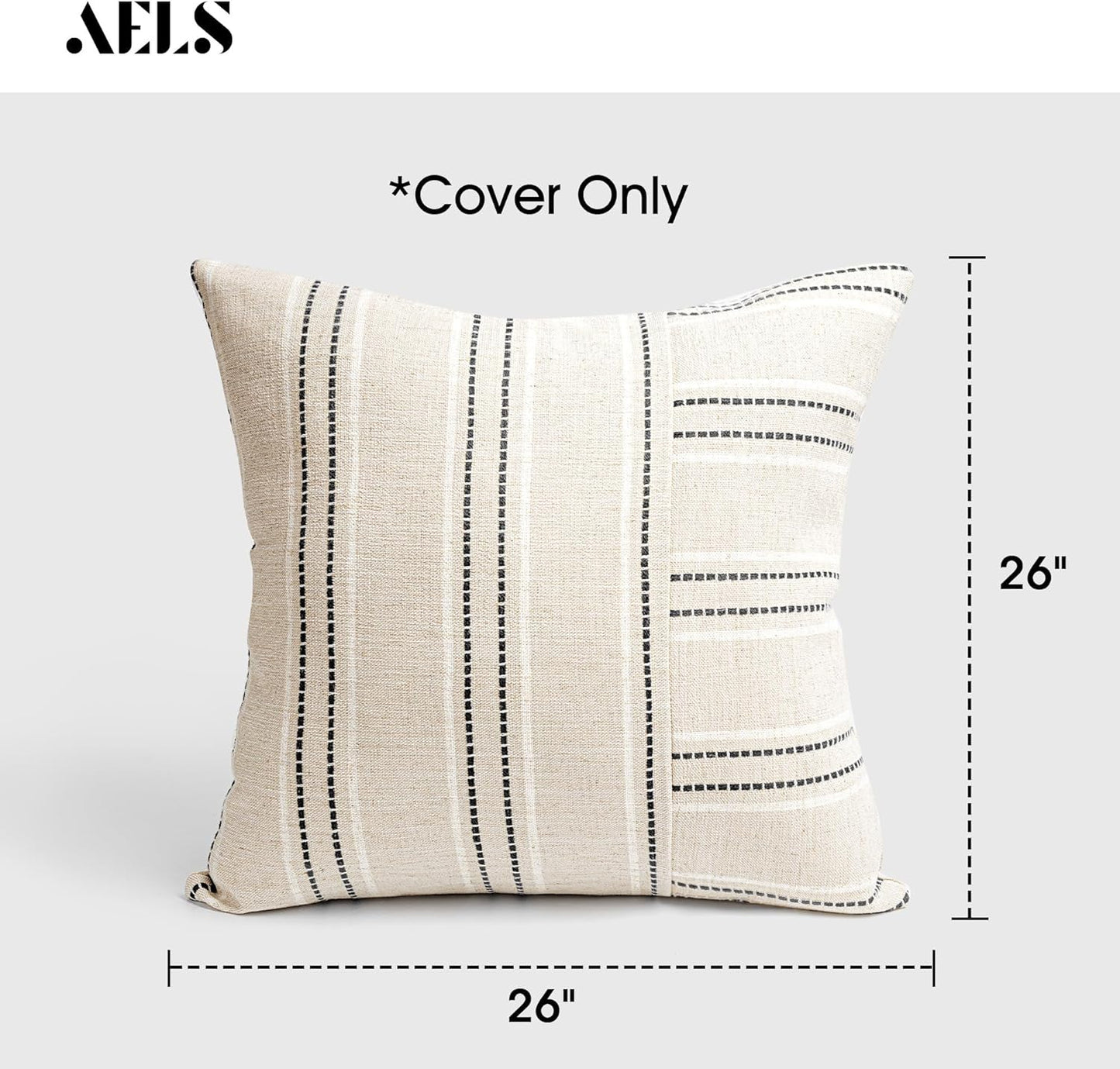 AELS 18x18 Decorative Farmhouse Linen Throw Pillow Covers, Boho Textured Pillow Case, Set of 2, Beige with White & Gray Stripe Patchwork Cushion Cover for Sofa Couch Living Room (Cover ONLY)