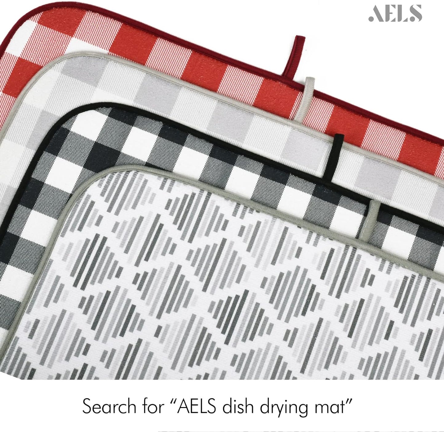 AELS XL 24" x 18" Dish Drying Mat, Set of 2, for Kitchen Counter, Buffalo Check Plaid Tartan Reversible Absorbent Microfiber Dish Drainer/Rack Pads with Hanging Loop