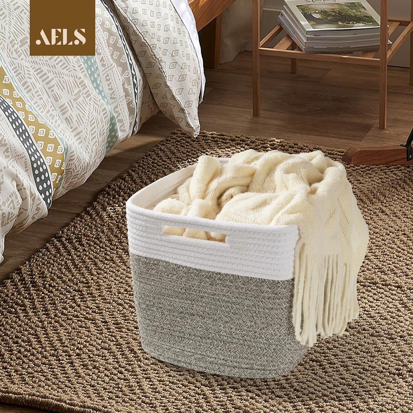 AELS Hand Woven Cotton Basket for Storage, Cube Storage Bins with Handles, Foldable Collapsible Closet Organizers and Storage, Boho Farmhouse Storage Cubes for Shelves, Beige