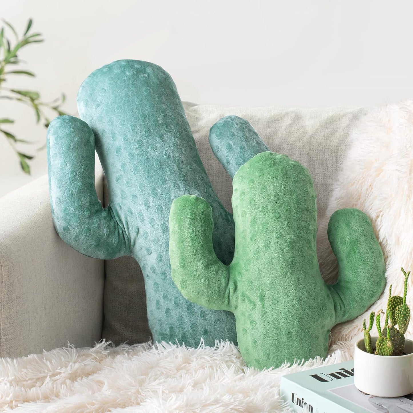 AELS 22 Inches Cactus Decorative Throw Pillow, Cute Succulent Throw Pillow, 3D Office Nap Pillow, Cactus Plush Pillow for Nursery Bedroom Room Decor, Blue Green