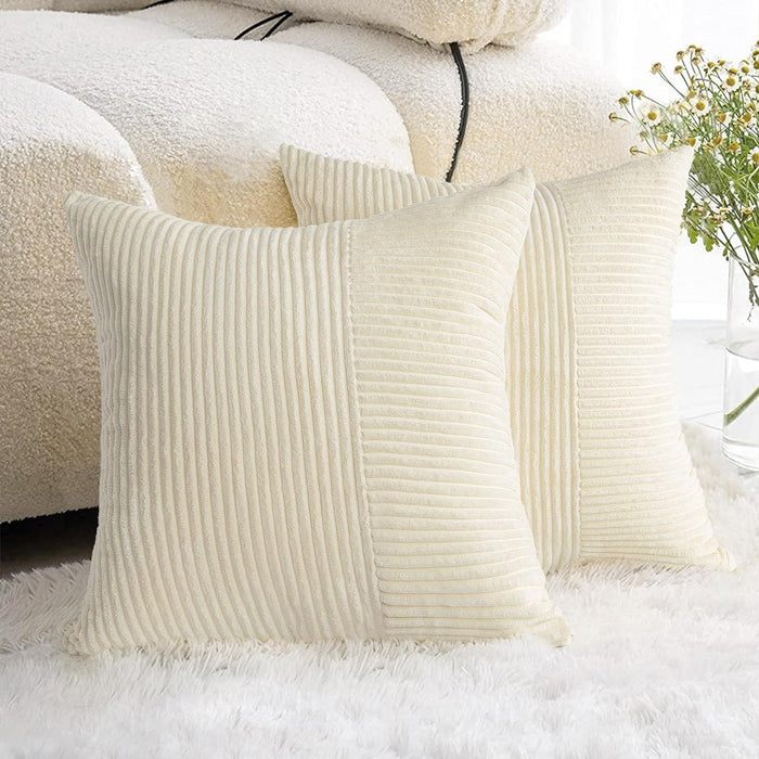 AELS 18x18 Soft Corduroy Striped Throw Pillow Covers, Decorative Square Pillow Case, Set of 2, Modern Farmhouse Cushion Cover for Sofa Couch Living Room, White (Cover ONLY)