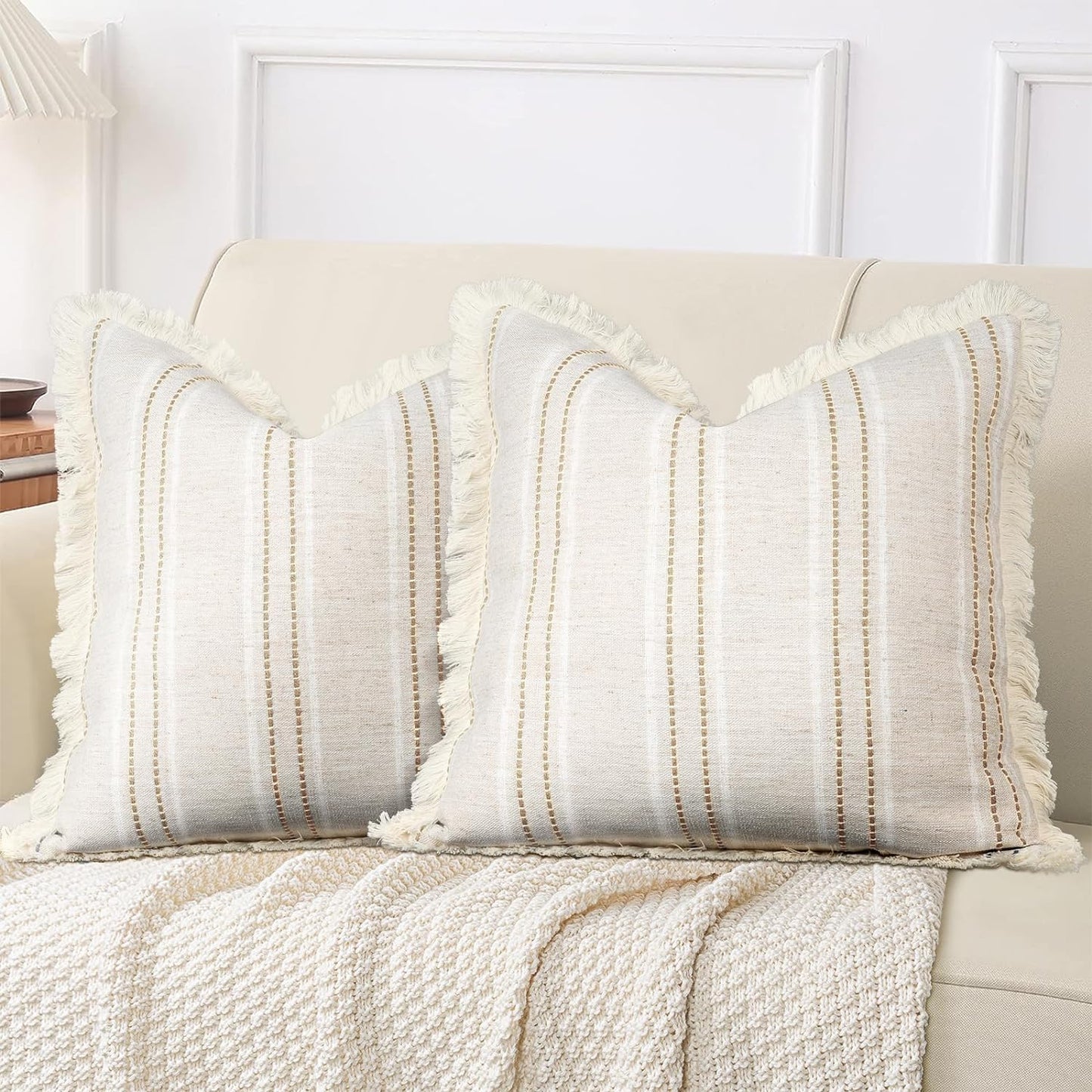 AELS 18x18 Decorative Farmhouse Linen Throw Pillow Covers with Fringe,Boho Textured Pillow Case,Set of 2,Beige with White & Navy Blue Stitch Yarn Dyed Stripe Cushion Cover for Sofa Couch (Cover ONLY)