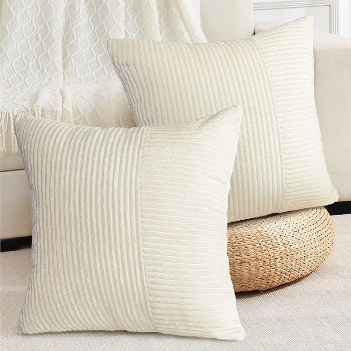 AELS 18x18 Soft Corduroy Striped Throw Pillow Covers, Decorative Square Pillow Case, Set of 2, Modern Farmhouse Cushion Cover for Sofa Couch Living Room, White (Cover ONLY)