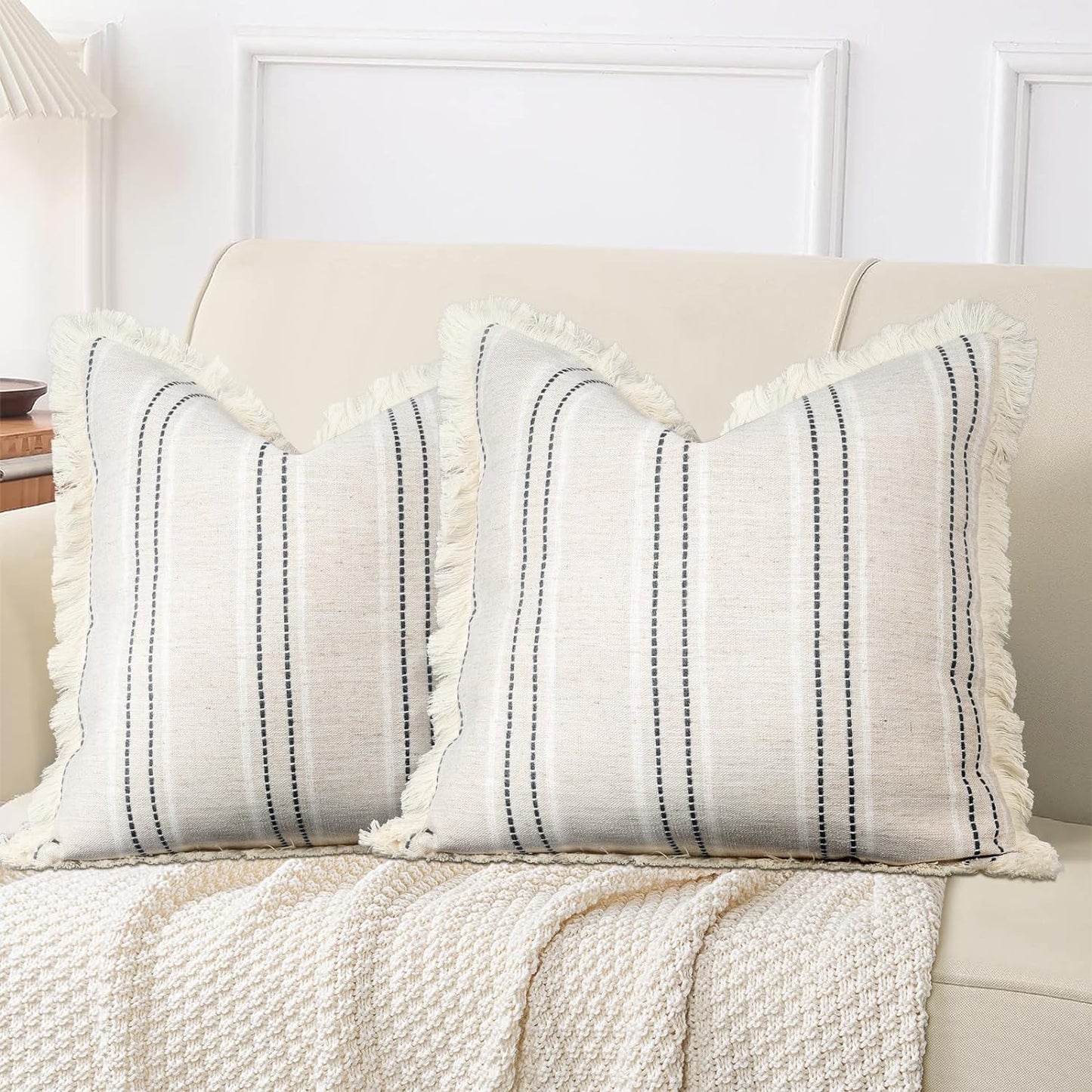 AELS 18x18 Decorative Farmhouse Linen Throw Pillow Covers with Fringe,Boho Textured Pillow Case,Set of 2,Beige with White & Navy Blue Stitch Yarn Dyed Stripe Cushion Cover for Sofa Couch (Cover ONLY)