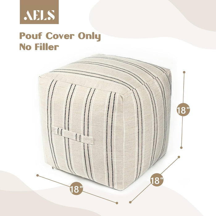 AELS Unstuffed Farmhouse Pouf Cover for Living Room, Boho Storage Bean Bag Cubes, Beige with Brown Stitch Yarn Dyed Stripe Linen Square Ottoman Pouf Foot Rest Footstool, 18"x18"x18", Cover ONLY
