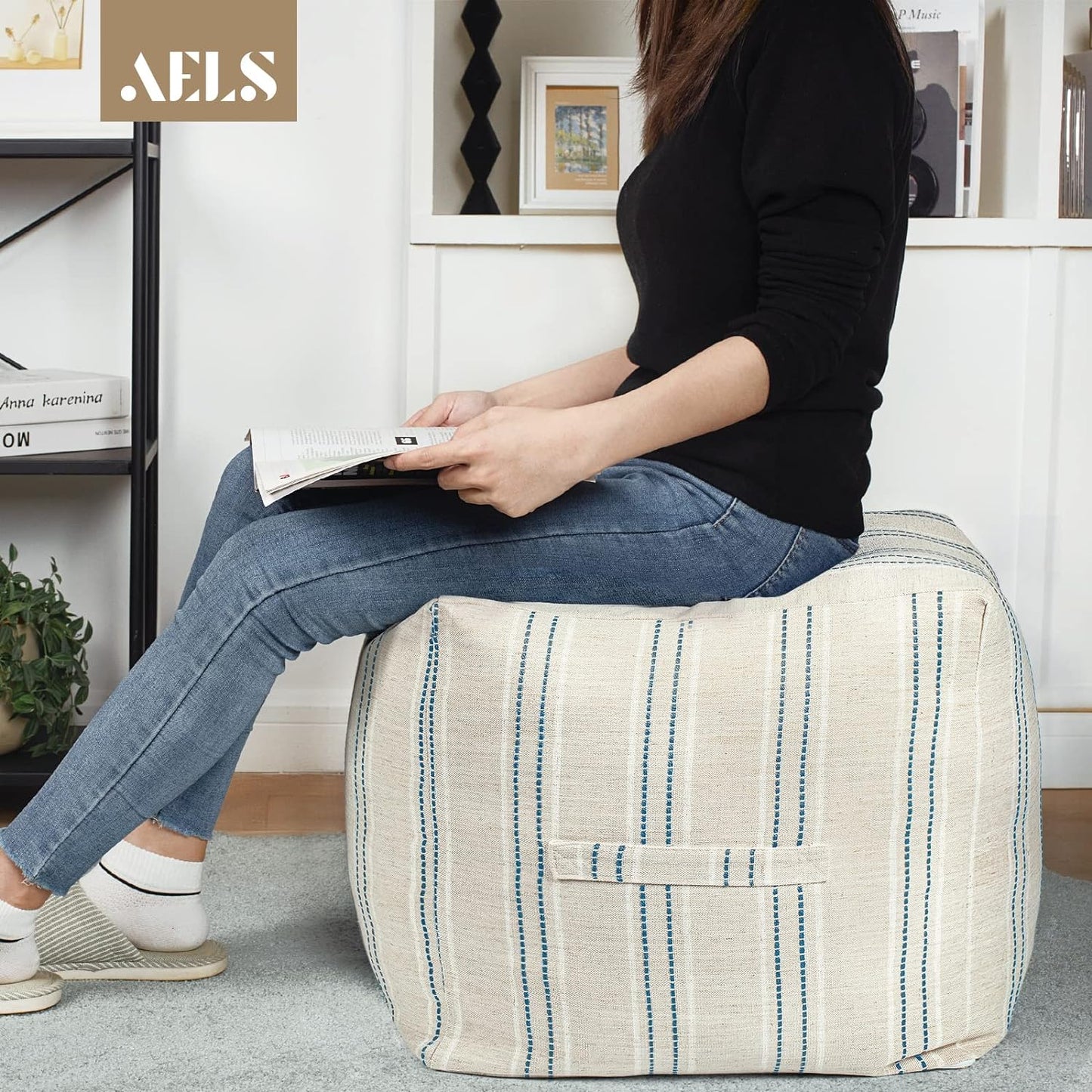 AELS Unstuffed Farmhouse Pouf Cover for Living Room, Boho Storage Bean Bag Cubes, Beige with Brown Stitch Yarn Dyed Stripe Linen Square Ottoman Pouf Foot Rest Footstool, 18"x18"x18", Cover ONLY