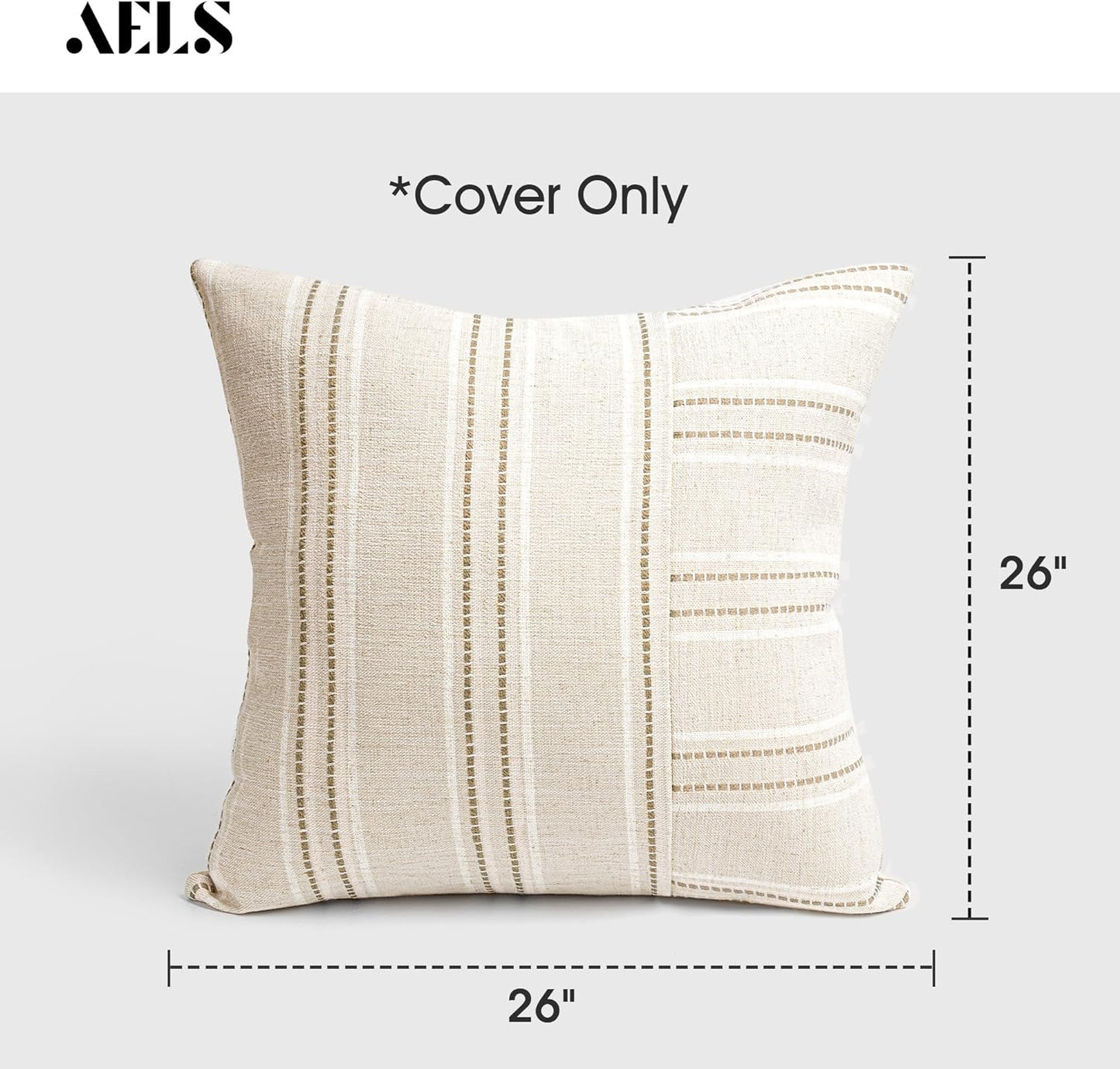 AELS 18x18 Decorative Farmhouse Linen Throw Pillow Covers, Boho Textured Pillow Case, Set of 2, Beige with White & Gray Stripe Patchwork Cushion Cover for Sofa Couch Living Room (Cover ONLY)