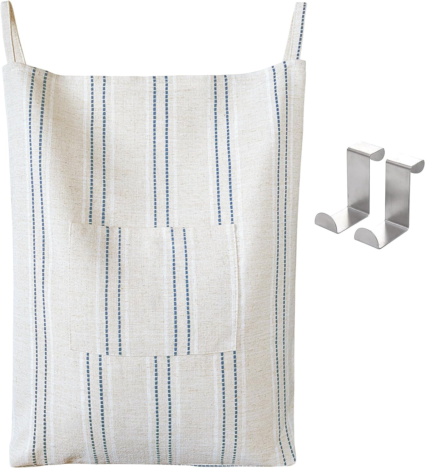 AELS Farmhouse Hanging Laundry Hamper with 2 Hooks, Boho Beige & Black Stripes Linen Laundry Bag with Zipper & Wide Open Top, Over the Door Organizer for Dirty Clothes, Washable Space Saving Storage