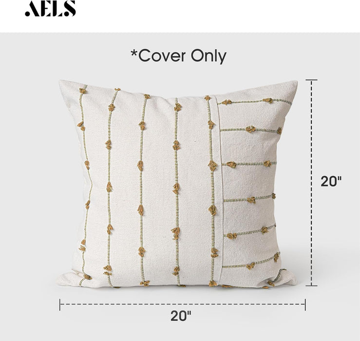AELS 18x18 Decorative Boho Linen Throw Pillow Covers, Modern Farmhouse Textured Pillow Case, Set of 2, Tufted Stitch Stripe Cushion Cover for Bed Sofa Couch Living Room (Cover ONLY), Khaki