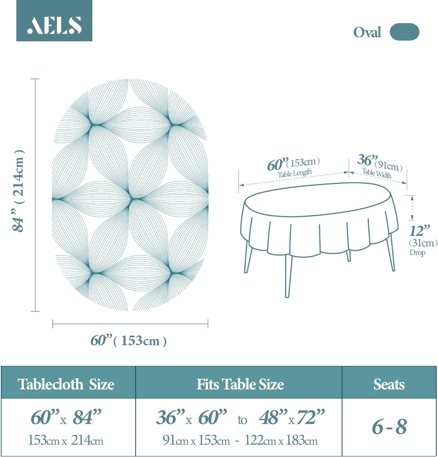 AELS 60 X 84 Oval Waterproof Oil-Proof Tablecloth, Stain Resistant Washable Printed Indoor Table Cover, Decorative Polyester Fabric Table Cloths for Dining Room, Party, Teal Line Flower