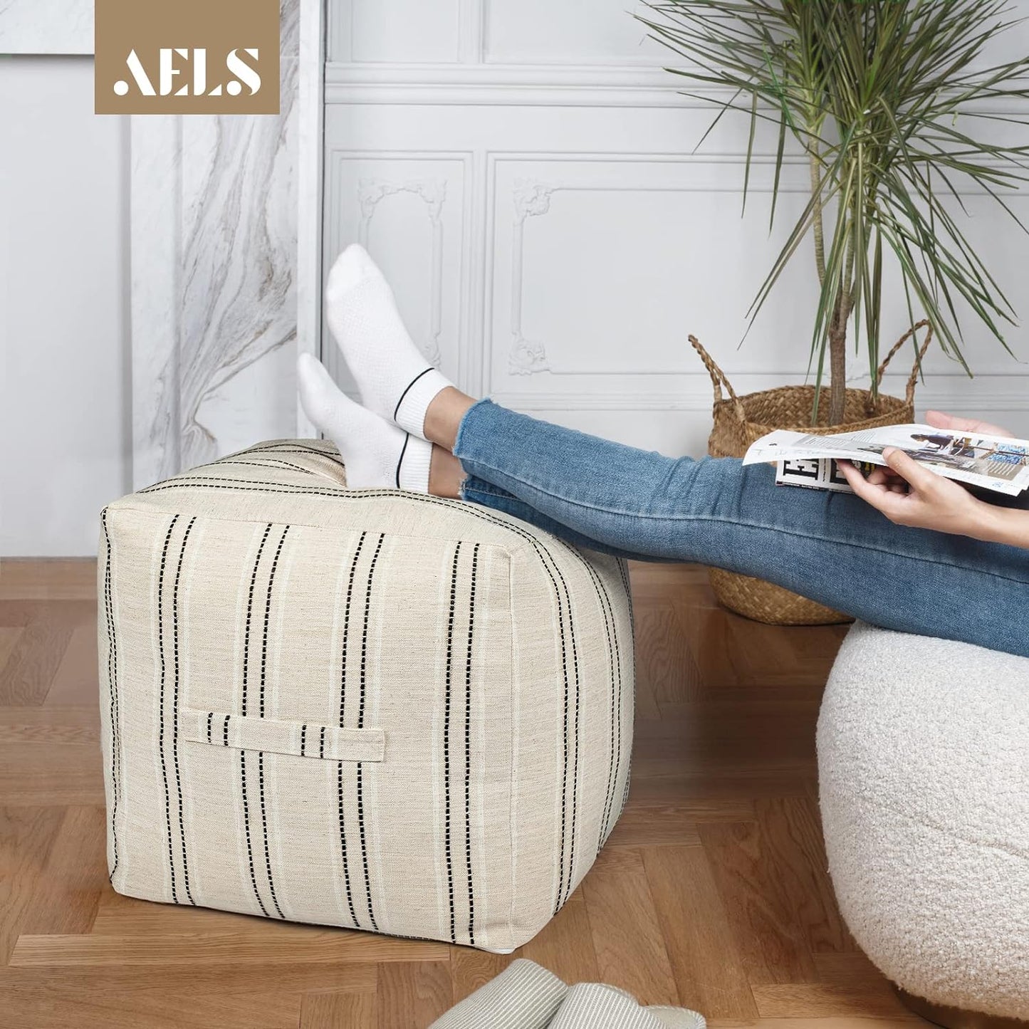 AELS Unstuffed Farmhouse Pouf Cover for Living Room, Boho Storage Bean Bag Cubes, Beige with Brown Stitch Yarn Dyed Stripe Linen Square Ottoman Pouf Foot Rest Footstool, 18"x18"x18", Cover ONLY