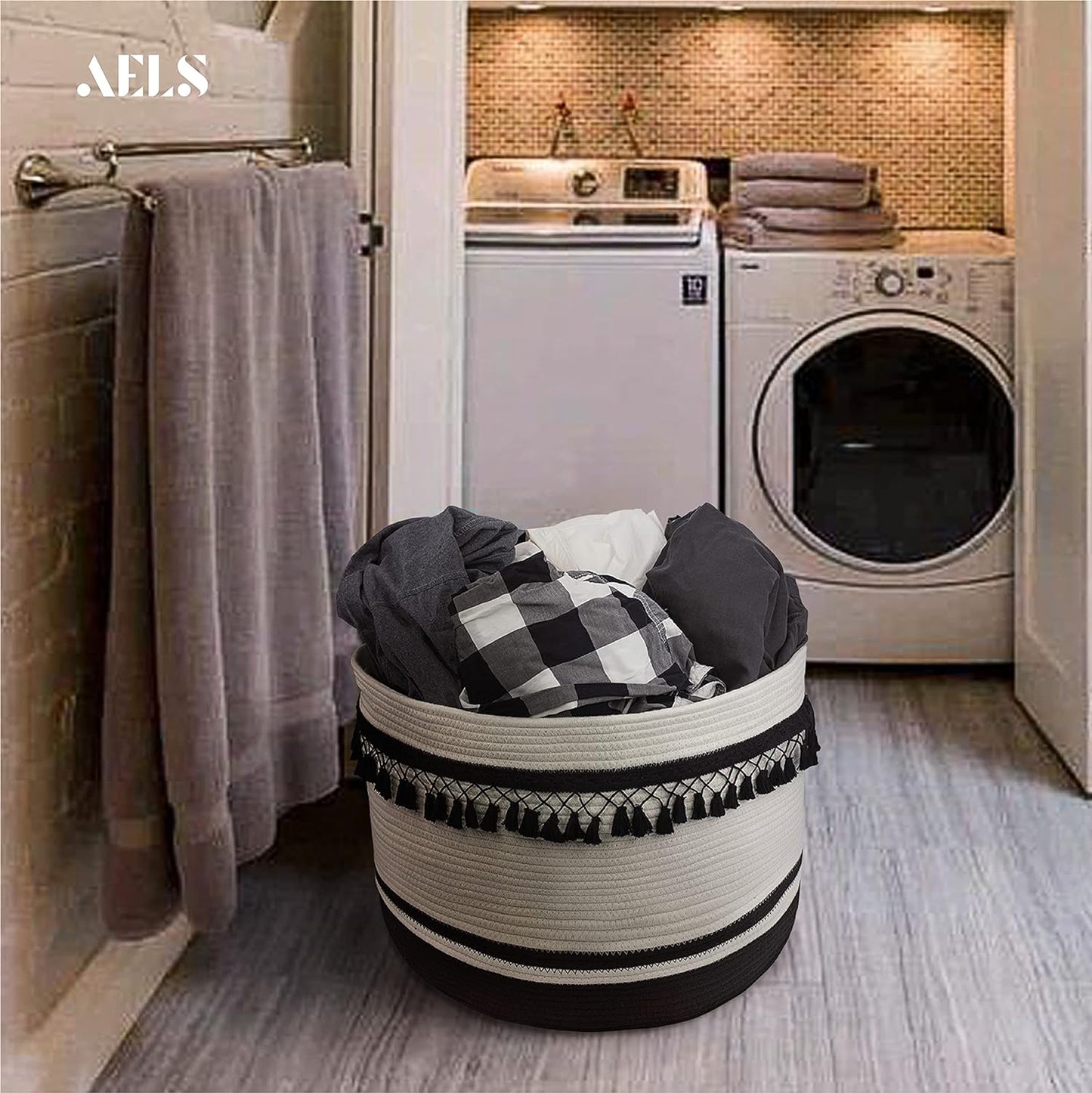 AELS XXXLarge 22"x22"x15" Rope Boho Basket Woven Baby Laundry Basket for Blankets Toys Storage Basket with Handle Comforter Cushions Storage Bins Thread Laundry Hamper-Brown White Gray 93 Liters