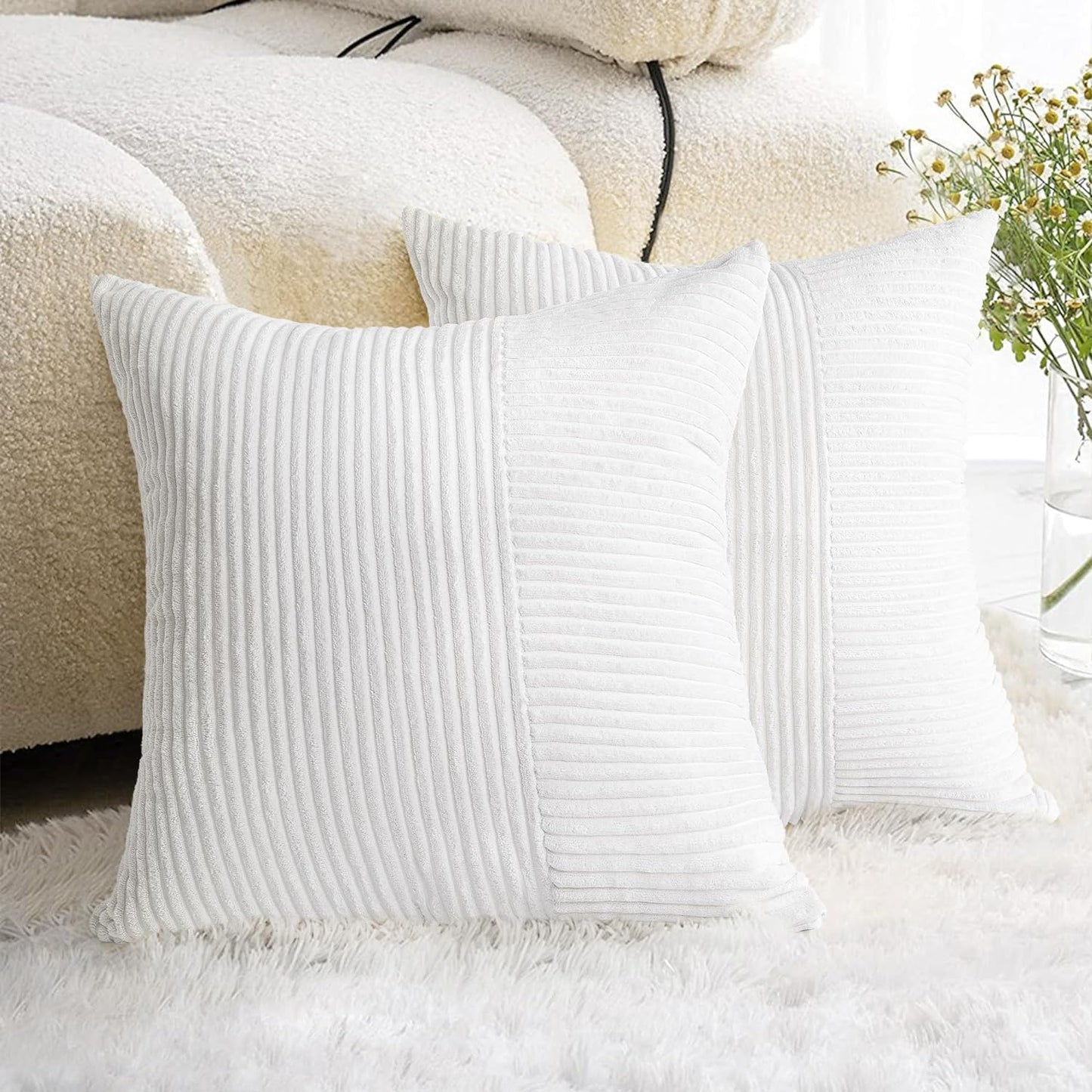 AELS 18x18 Soft Corduroy Striped Throw Pillow Covers, Decorative Square Pillow Case, Set of 2, Modern Farmhouse Cushion Cover for Sofa Couch Living Room, White (Cover ONLY)