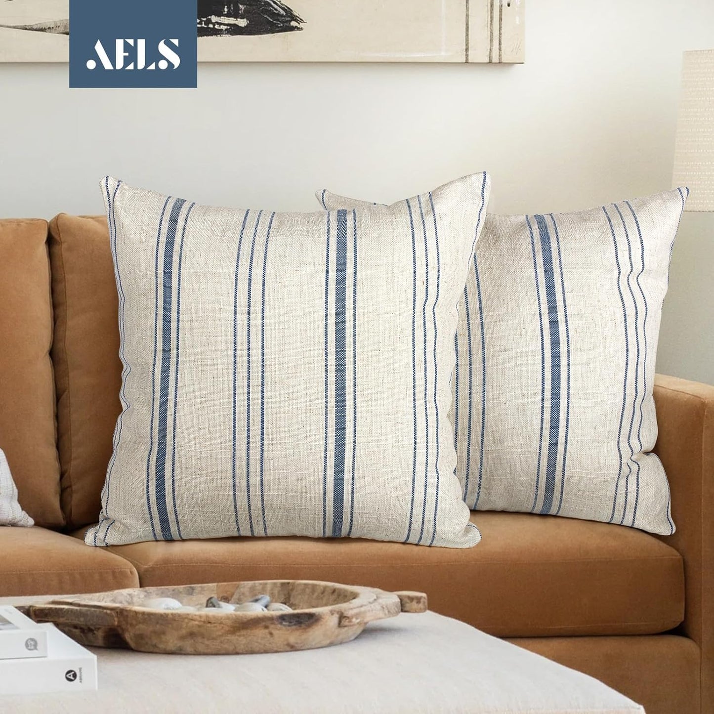 AELS 18x18 Decorative Farmhouse Throw Pillow Covers, Modern Square Pillow Case, Set of 2 Off White with Navy Blue Stripes Textured Linen Cushion Cover for Sofa Couch Living Room (Cover ONLY)