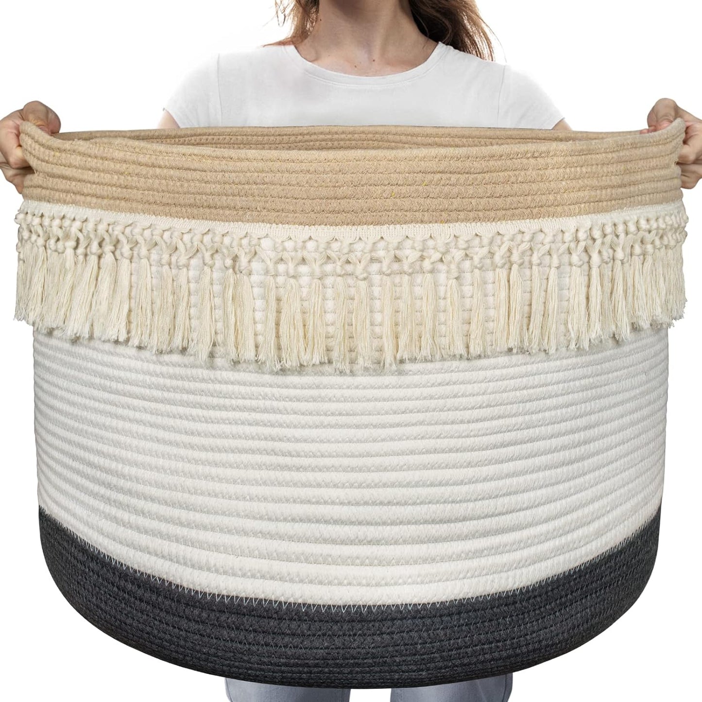 AELS XXXLarge 22"x22"x15" Rope Boho Basket Woven Baby Laundry Basket for Blankets Toys Storage Basket with Handle Comforter Cushions Storage Bins Thread Laundry Hamper-Brown White Gray 93 Liters