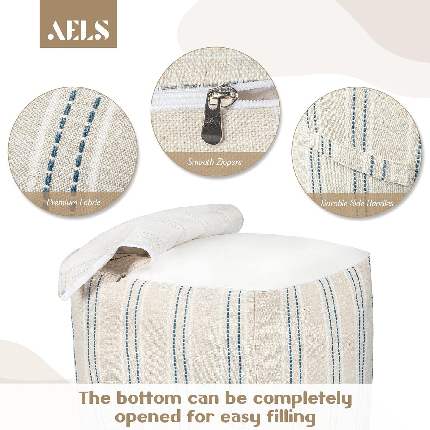 AELS Unstuffed Farmhouse Pouf Cover for Living Room, Boho Storage Bean Bag Cubes, Beige with Brown Stitch Yarn Dyed Stripe Linen Square Ottoman Pouf Foot Rest Footstool, 18"x18"x18", Cover ONLY