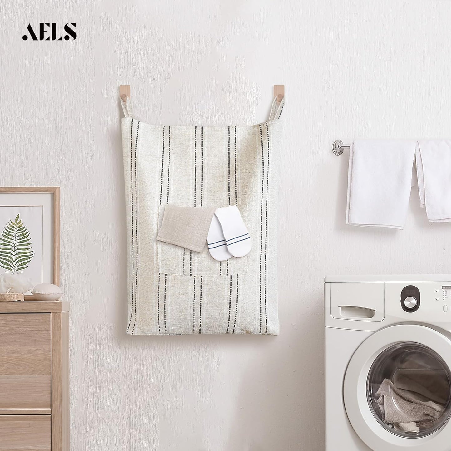 AELS Farmhouse Hanging Laundry Hamper with 2 Hooks, Boho Beige & Black Stripes Linen Laundry Bag with Zipper & Wide Open Top, Over the Door Organizer for Dirty Clothes, Washable Space Saving Storage