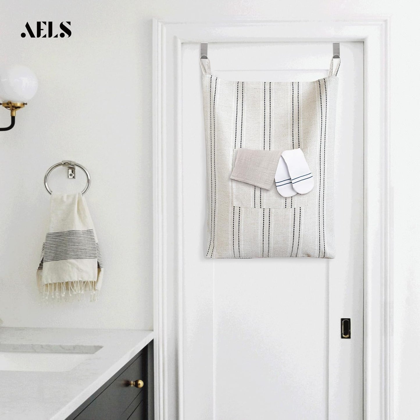 AELS Farmhouse Hanging Laundry Hamper with 2 Hooks, Boho Beige & Black Stripes Linen Laundry Bag with Zipper & Wide Open Top, Over the Door Organizer for Dirty Clothes, Washable Space Saving Storage